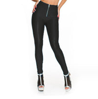 Ladies Black Solid Color Slim Zipper PU Leather Leggings
