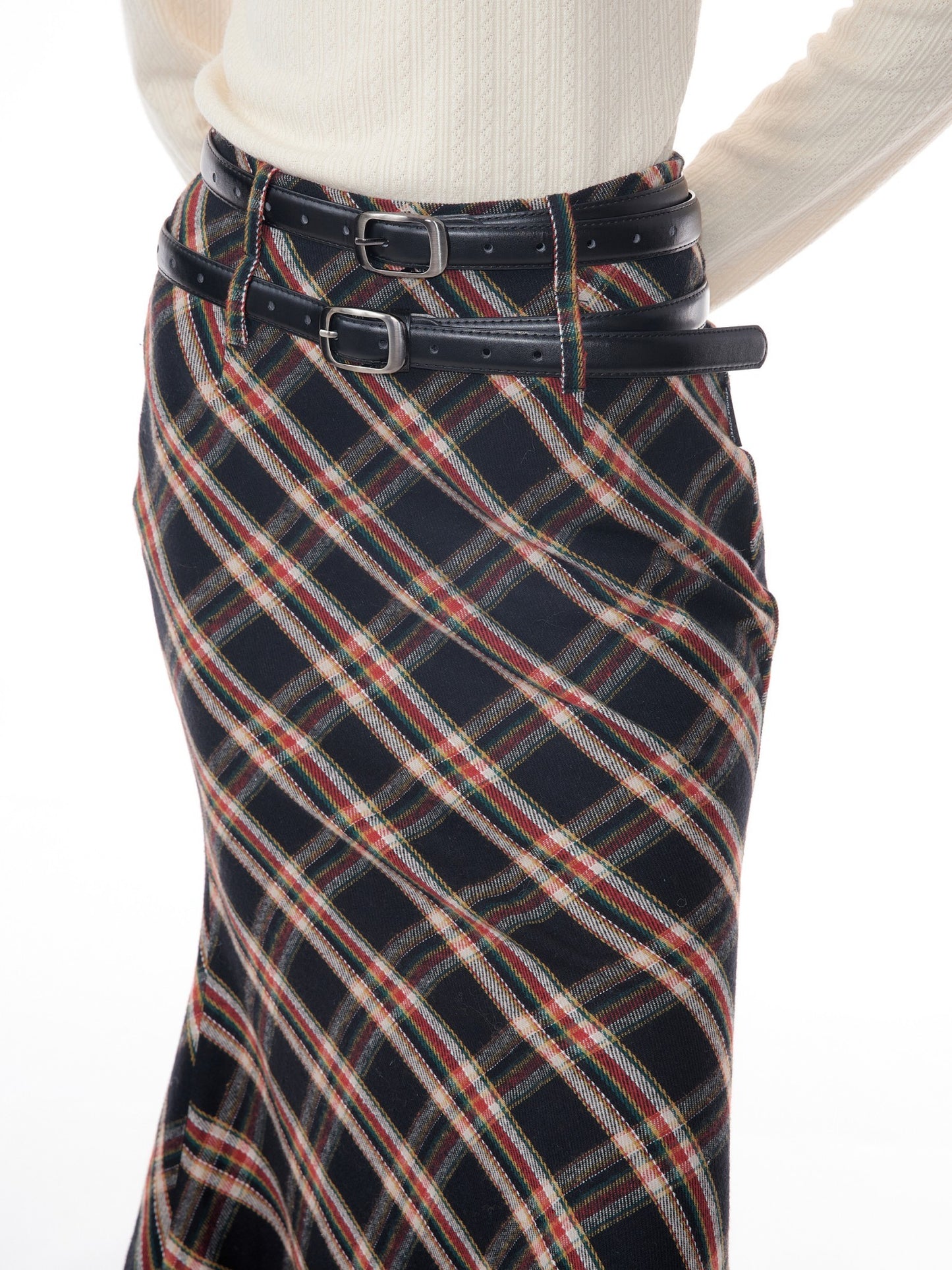 Plaid Mid Length Plaid Half Length Fishtail Skirt