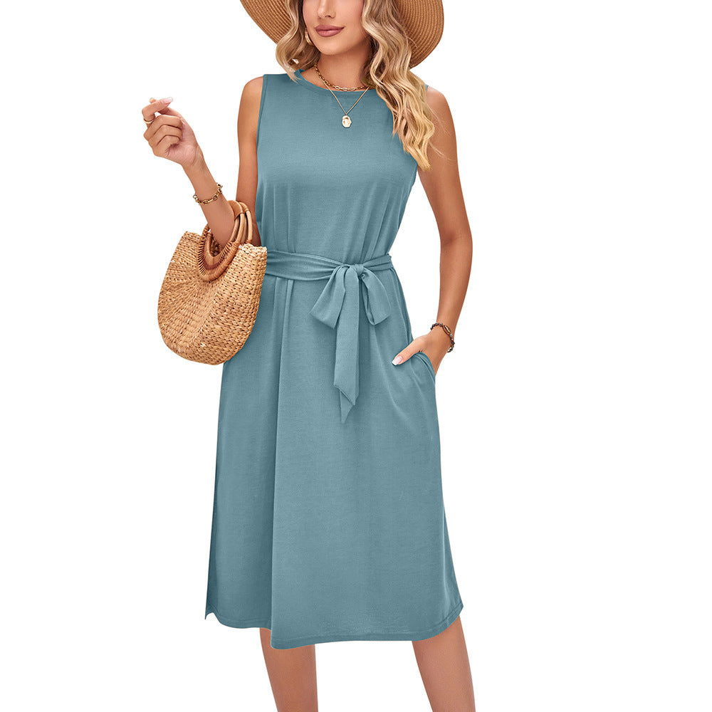 Summer Casual Sleeveless Vest Belt Midi Dress