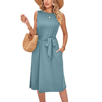 Summer Casual Sleeveless Vest Belt Midi Dress