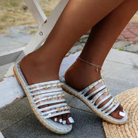 New Hemp Rope Thick Bottom Women's Large Size Straw Sandals With Rhinestones