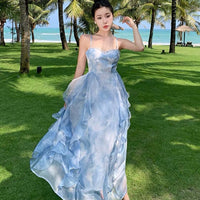 French Blue Strapless Sling Dress Seaside Vacation Draping Effect