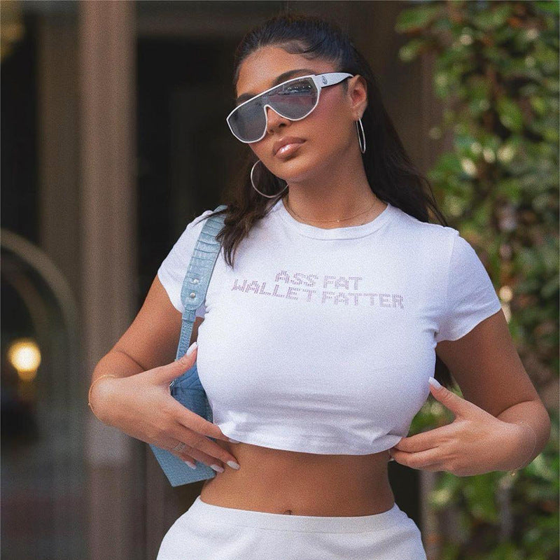 Round Neck Midriff-baring Short Sleeve Letter Midriff-baring Top