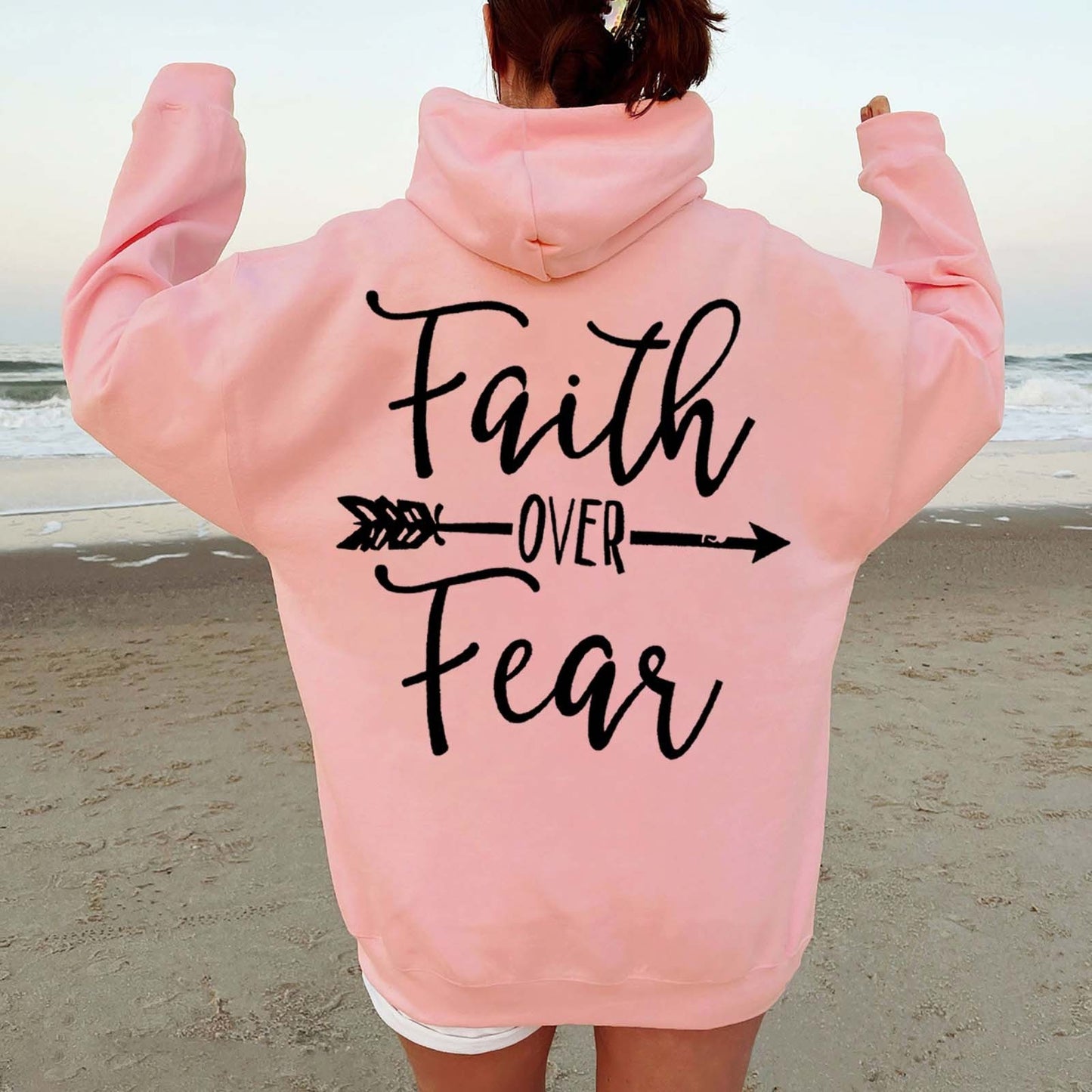 Plain Letter Printed Kangaroo Pocket Drawstring Women's Brushed Hoody