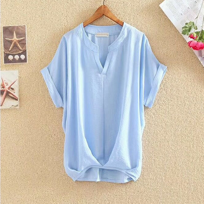 Solid Color And V-neck Batwing Sleeve Top Loose Slimming Cotton And Linen Shirt