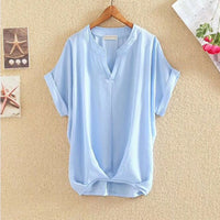 Solid Color And V-neck Batwing Sleeve Top Loose Slimming Cotton And Linen Shirt