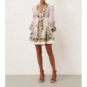Australian Design Lantern Sleeve Cotton And Linen Temperament Waist-controlled Single-breasted Skirt Vacation Style
