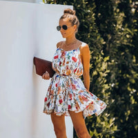 Summer Vacation Botanical Floral Print Belted Polyester Dress