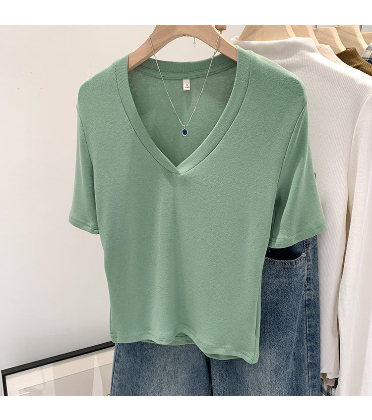 V-neck Shoulder Short-sleeved T-shirt Women's Fashion Small Top