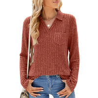 Solid Color Polo Collar Pocket Long Sleeve Loose-fitting T-shirt Top Women