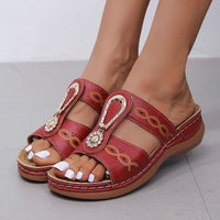 Plus Size Flat Wedge Heel Cutout Rhinestone Embroidered Ladies Sandals