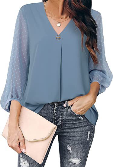 Women's Puff Sleeve V-neck Long Sleeve Shirt - Chic Angle