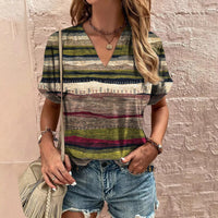 Female V-neck Casual Harajuku Striped Printed T-shirt