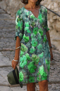 Printed V Neck Half Sleeve Multicolor Midi Dress