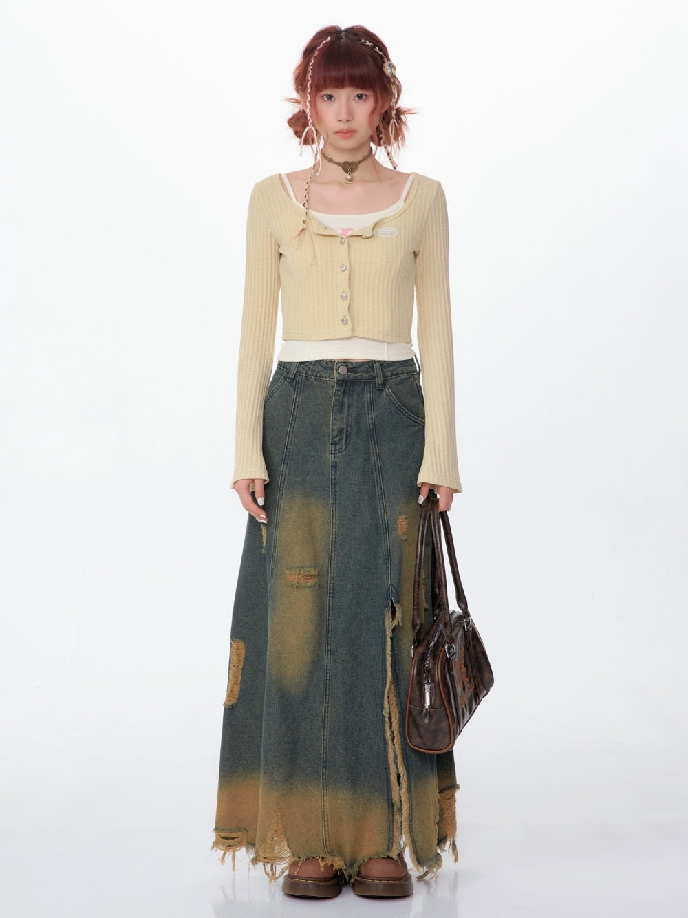 High Waist Mid-length Make Old Ripped Split Denim Skirt