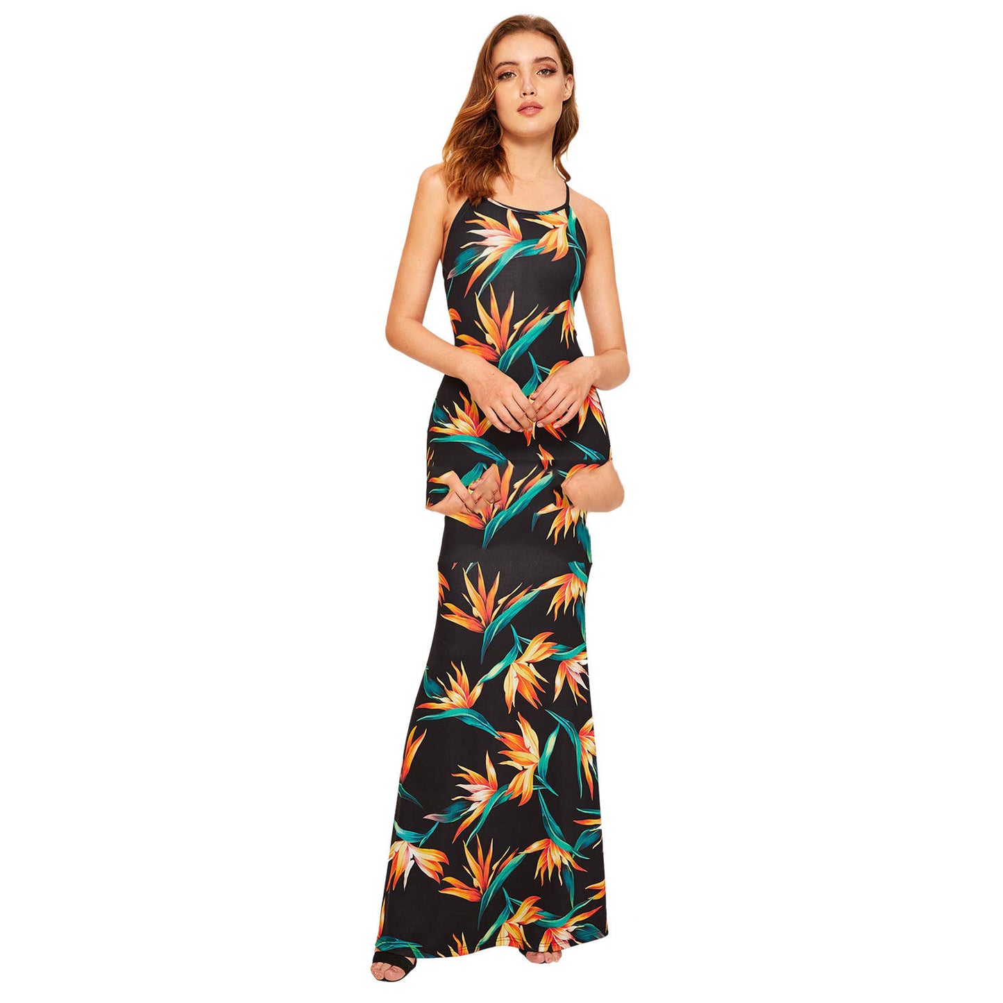 Women's Corset Milk Silk Maxi Suspender Print Dress