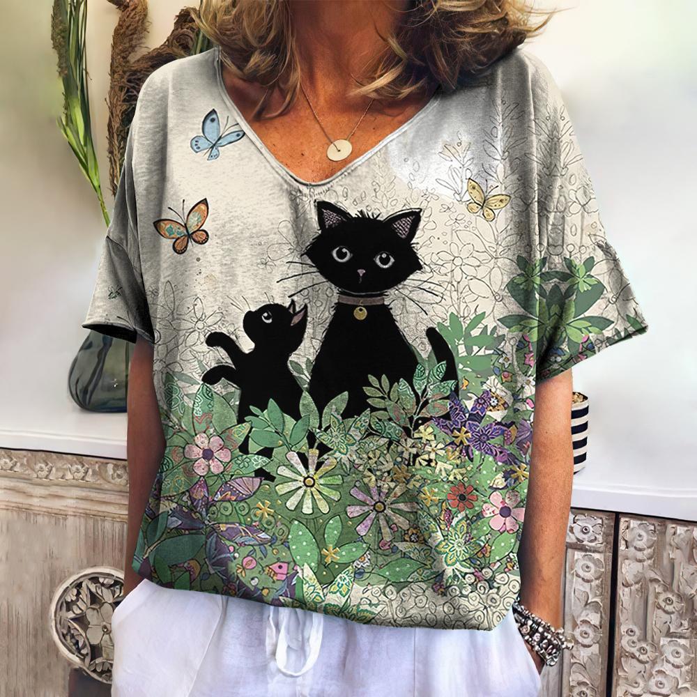 Cat Printing Short Sleeve - Chic Angle