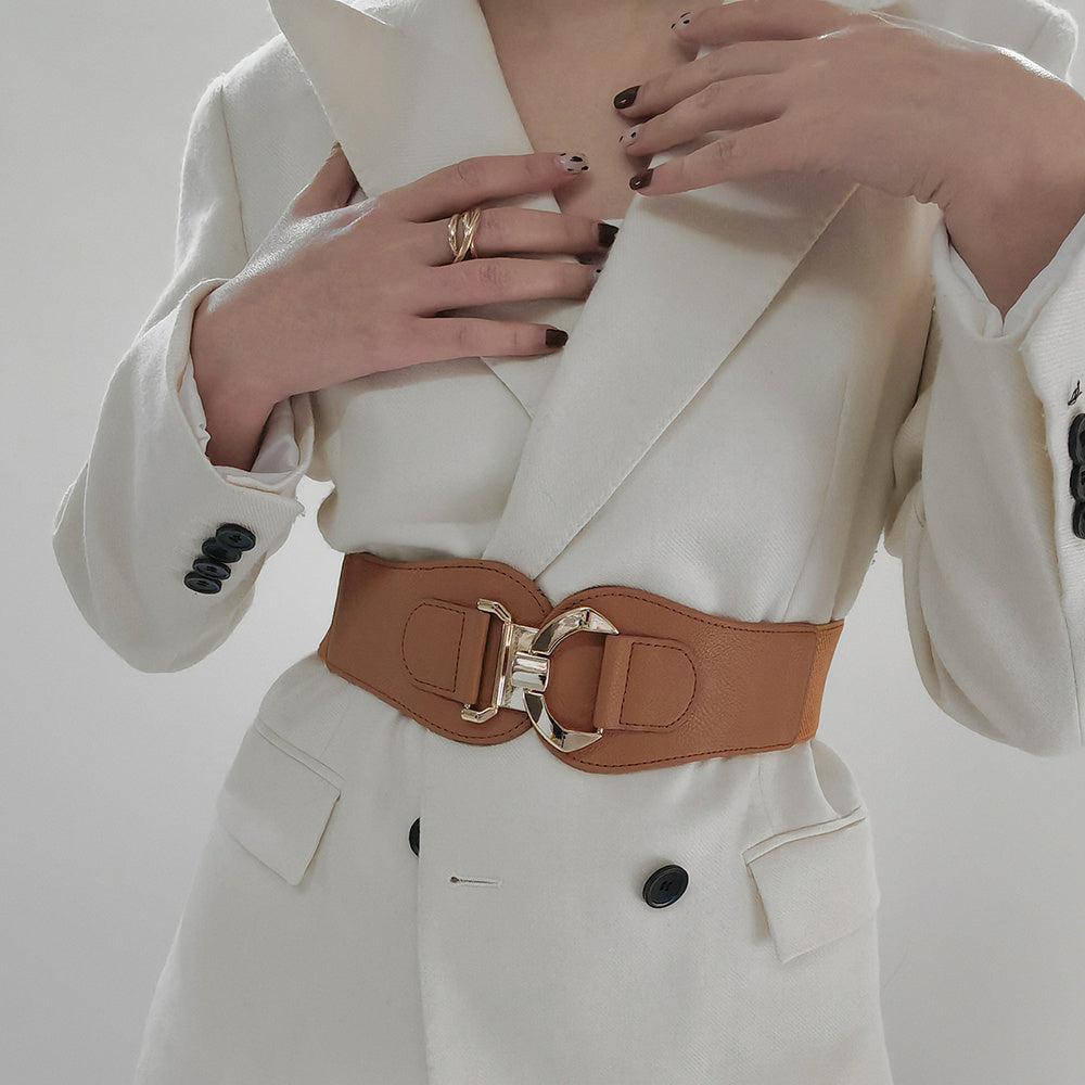 New Autumn And Winter Women's Wide Belt Metal Curved Buckle Belt With Suit Jacket Elastic Elastic Comfortable Waist