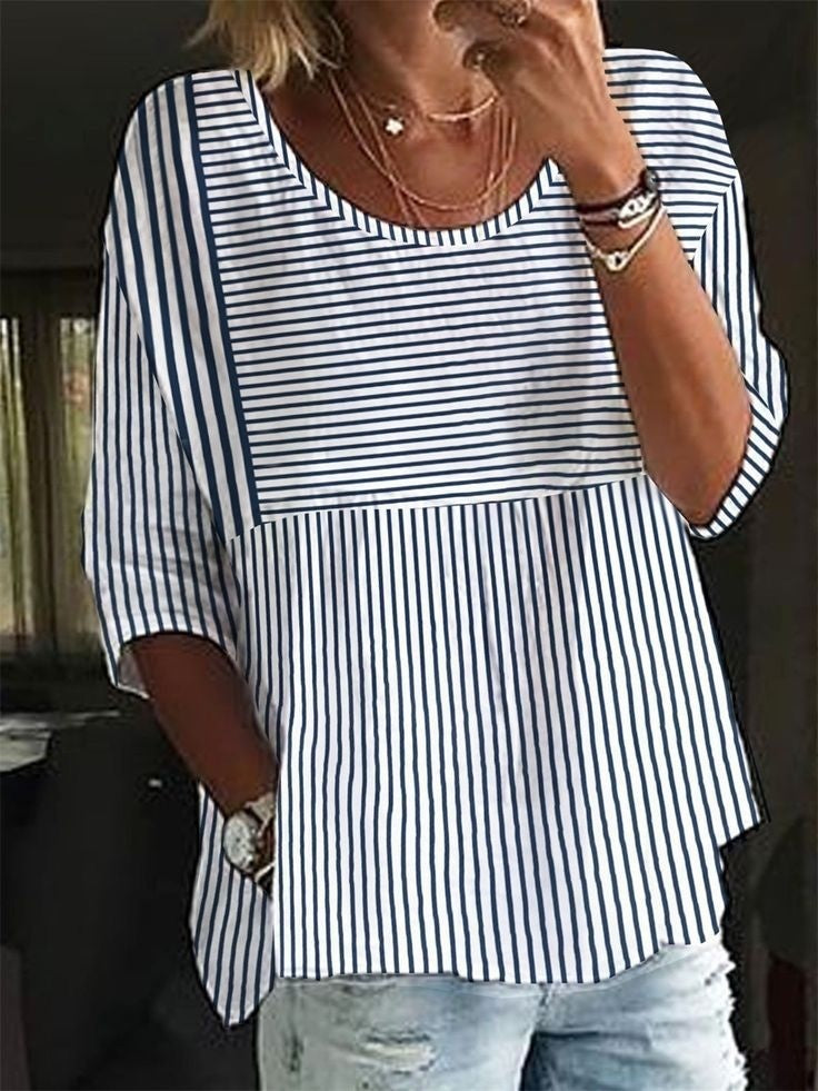 Summer Plus Size Round Neck Striped Casual T-shirt