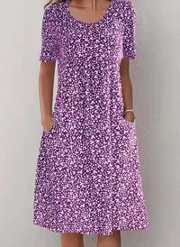 Round Neck Short Sleeve Floral Midi Dress