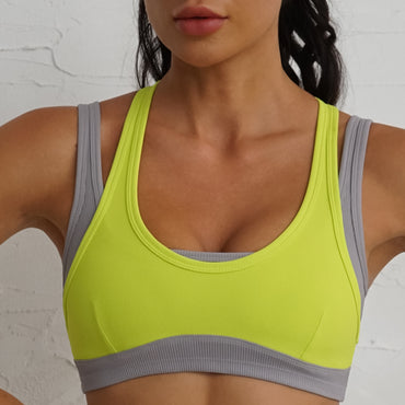 Rib Color Contrast Running Slim Fitness Suit Women Shock Absorbing Gathering Sports Bra