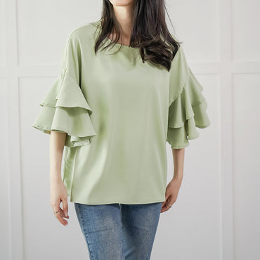 Women's Double-layer Ruffle Sleeve Round Neck Shirt
