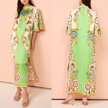 Women's Summer Printing Positioning Satin Split Maxi Dress