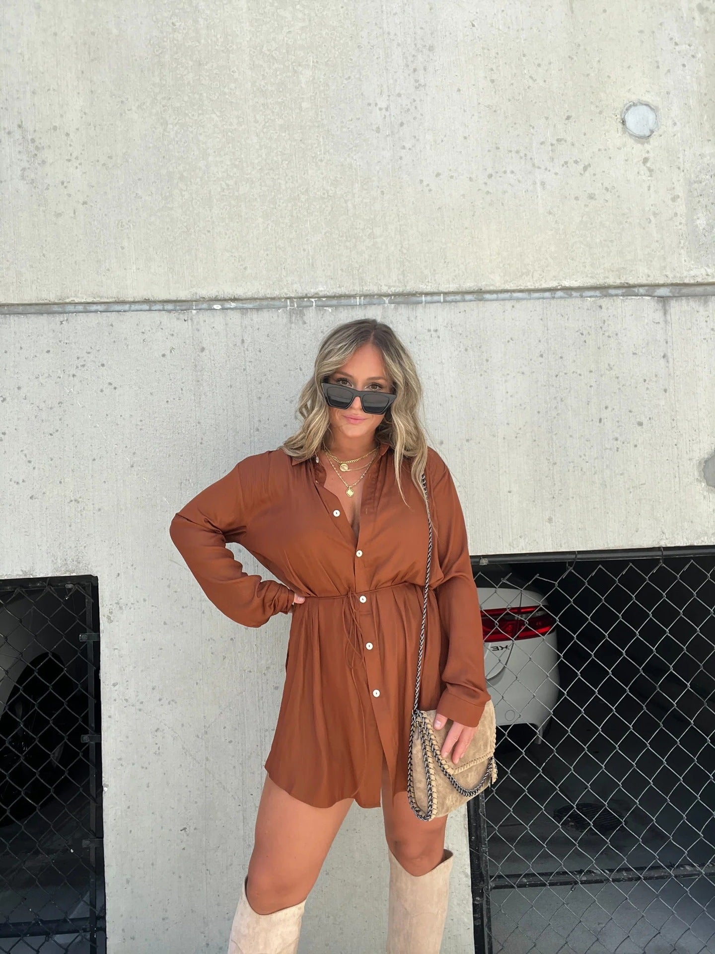 Women's Long Sleeve Jumpsuit With Button Fashion Shirt Dress - Chic Angle