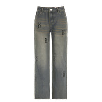 Street Cool Style Loose Design Wide Leg Trousers Loose Distressed Printed Jeans