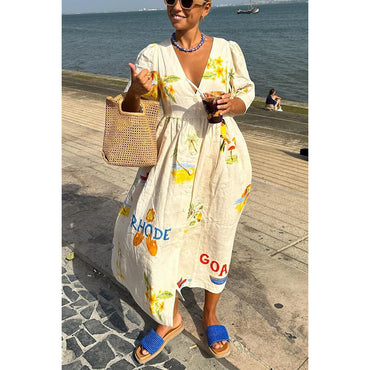 European And American Spring And Summer New Casual Five-point Puff Sleeve Dress INS Loose Vacation Dress For Women