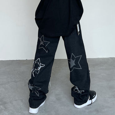 Washed And Ripped Star Jeans Loose And Slim