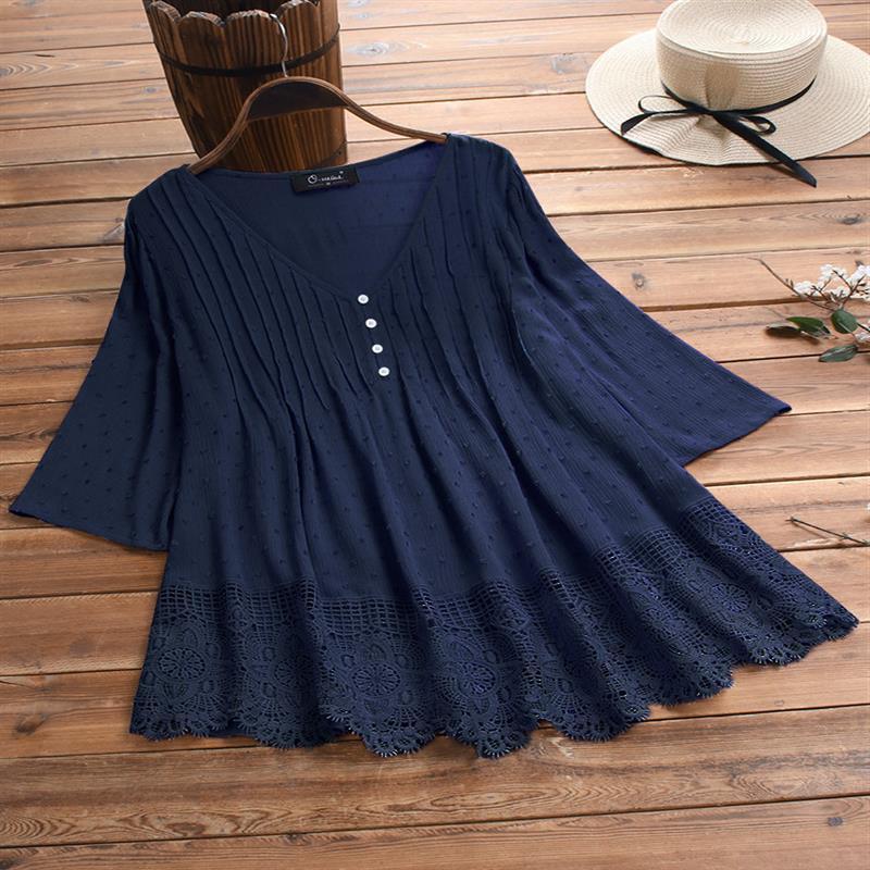Women's Jacquard Pleated Lace Hollow Out V-neck Shirt - Chic Angle
