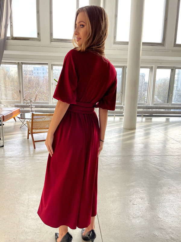 Women's Solid Color And V-neck Lantern Sleeve Waist-tight Maxi Self-tie Slit Dress