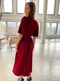 Women's Solid Color And V-neck Lantern Sleeve Waist-tight Maxi Self-tie Slit Dress