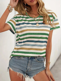 Women's Striped Fashionable Round Neck Short Sleeved T-shirt - Chic Angle