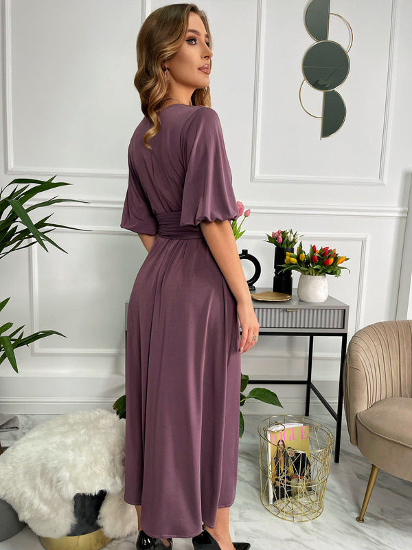 Women's Solid Color And V-neck Lantern Sleeve Waist-tight Maxi Self-tie Slit Dress