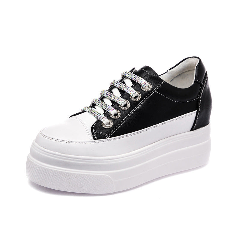 Genuine Leather Platform Versatile Casual Breathable White Muffin Height Increasing Insole Women's Board Shoes - Chic Angle