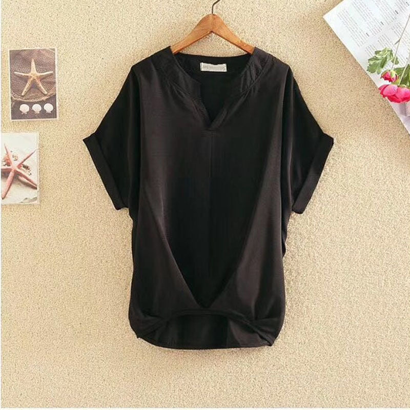 Solid Color And V-neck Batwing Sleeve Top Loose Slimming Cotton And Linen Shirt