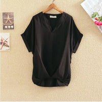 Solid Color And V-neck Batwing Sleeve Top Loose Slimming Cotton And Linen Shirt