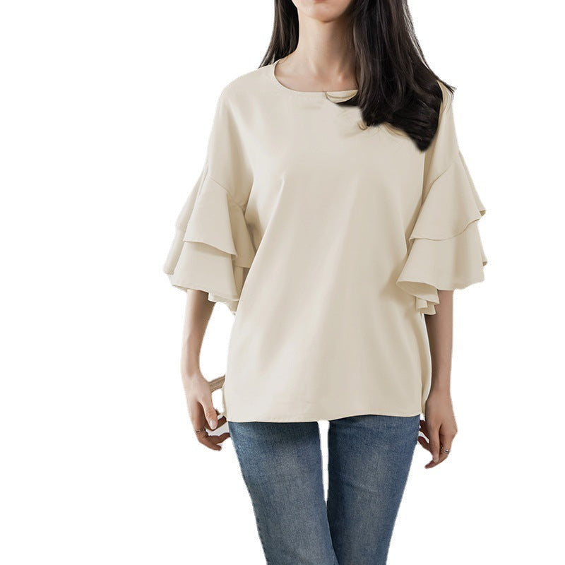 Women's Double-layer Ruffle Sleeve Round Neck Shirt