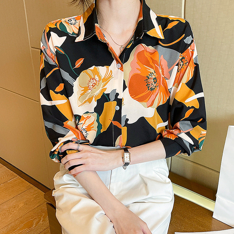 Spring Design Sense Retro French Temperament Printed Chiffon Long-sleeved Shirt For Women - Chic Angle