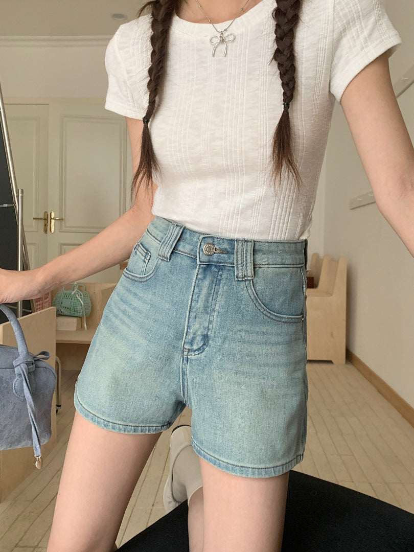 Women's Four Sided Elastic Light Colored High Waisted Denim Shorts - Chic Angle