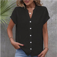 Solid Color Jacquard V-neck Buttons Women's Shirt