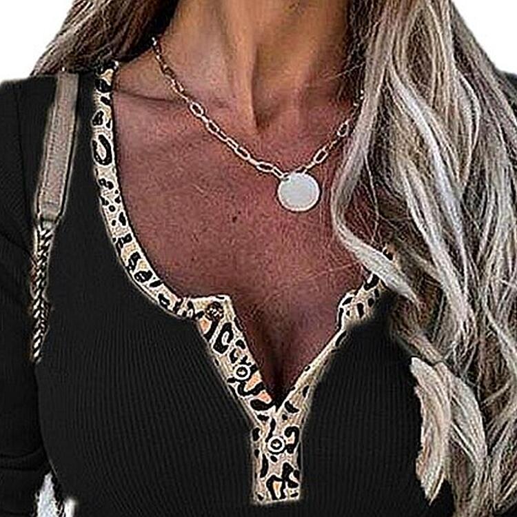 Leopard Splicing V-neck Buttons Top Sexy Slim Fit T-shirt