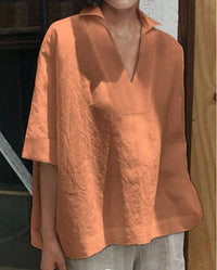 V-neck cotton and linen short-sleeved blouse