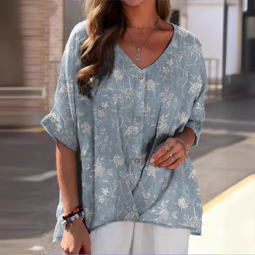 Printed V-neck 5 Points Drop-shoulder Sleeve Cotton And Linen Loose Casual Shirt