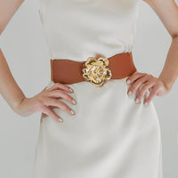 Elegant Women's Stretch Elastic Belt Metal Large Flower Needle Buckle Decorated Dress Shirt Waist Belt