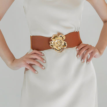 Elegant Women's Stretch Elastic Belt Metal Large Flower Needle Buckle Decorated Dress Shirt Waist Belt