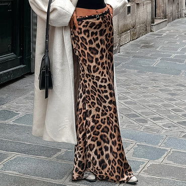 Leopard Print Satin Fishtail Skirt Skirt