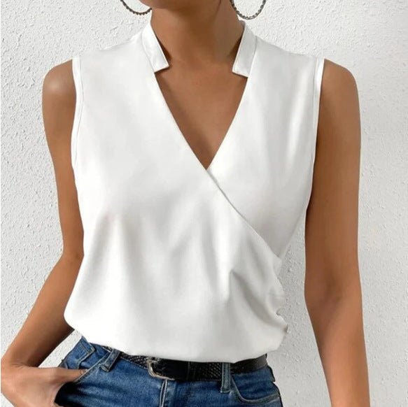 Women's New Solid Color Sleeveless Shirt Fashion V-neck Vest - Chic Angle